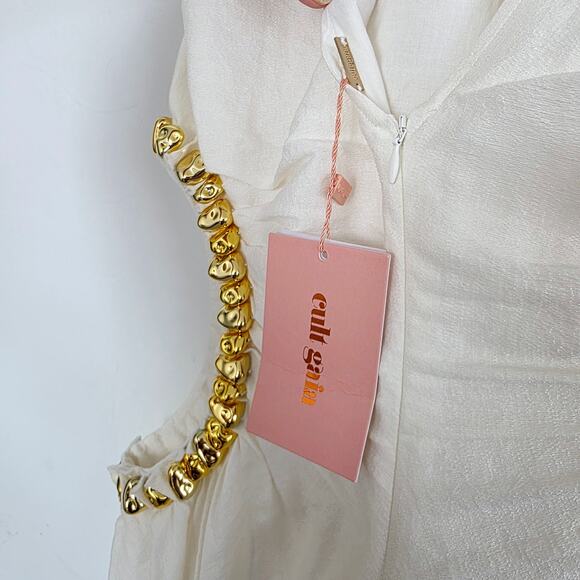 Cult Gaia Off White & Gold Maxi Halter Dress Embellished Side Cutouts Size 10 - Picture 7 of 14